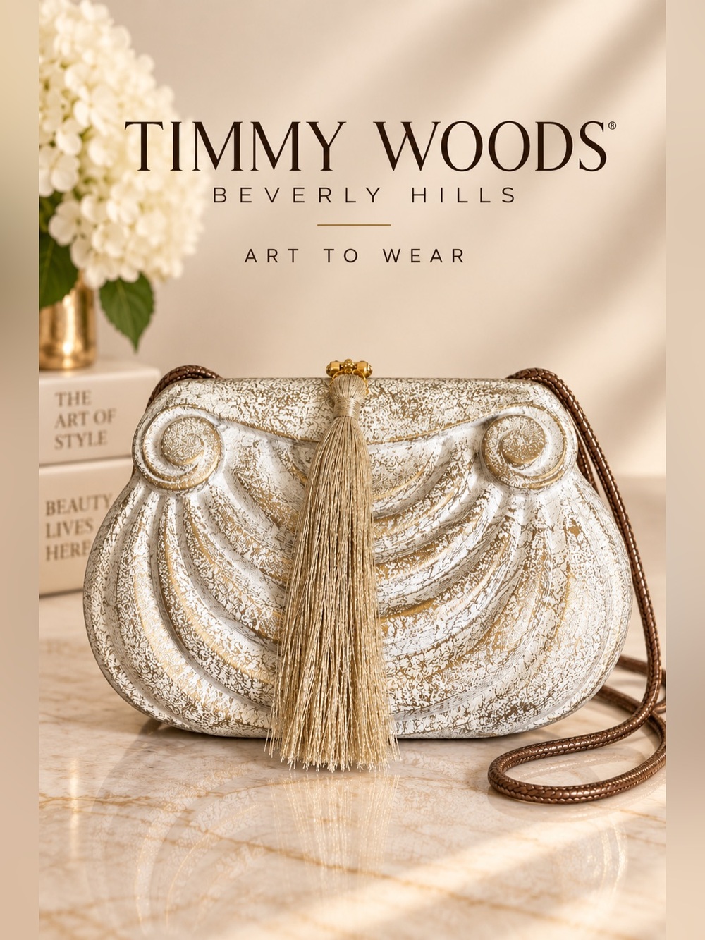 Timmy Woods Beverly Hills Gold Sculptural Tassel Evening Clutch